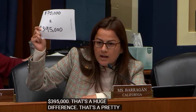 Representative Barragán holding up a sheet of paper reading $70,000 v. $395,000 during a House Subcommittee hearing
