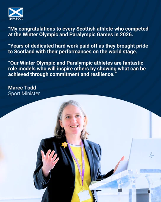 Image of Sport Minister Maree Todd smiling with graphic text that reads:

"My congratulations to every Scottish athlete who competed at the Winter Olympic and Paralympic Games in 2026.

"Years of dedicated hard work paid off as they brought pride to Scotland with their performances on the world stage.

"Our Winter Olympic and Paralympic athletes are fantastic role models who will inspire others by showing what can be achieved through commitment and resilience."