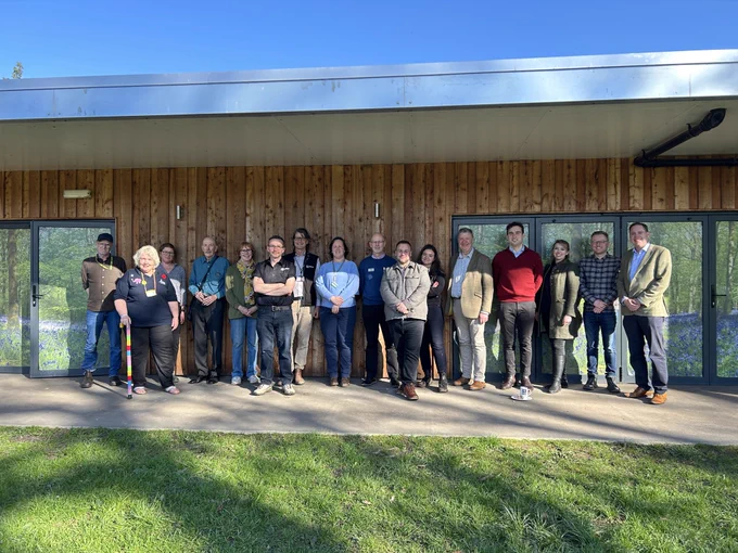 Image of the Efra committee and Staffordshire wildlife trust outside the Wolseley Centre in Cannock Chase