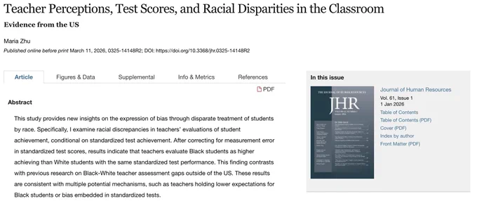 This study provides new insights on the expression of bias through disparate treatment of students by race. Specifically, I examine racial discrepancies in teachers’ evaluations of student achievement, conditional on standardized test achievement. After correcting for measurement error in standardized test scores, results indicate that teachers evaluate Black students as higher achieving than White students with the same standardized test performance. This finding contrasts with previous research on Black-White teacher assessment gaps outside of the US. These results are consistent with multiple potential mechanisms, such as teachers holding lower expectations for Black students or bias embedded in standardized tests.