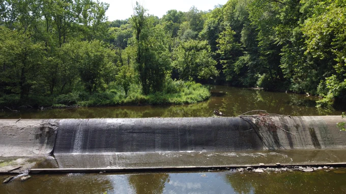 View of the Cloverlick Creek low-head dam looking upstream, located in the East Fork Little Miami River watershed.