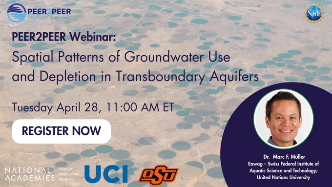 Webinar announcement on groundwater use patterns in transboundary aquifers, scheduled for April 28 at 11 AM ET with Dr. Marc F. Müller.