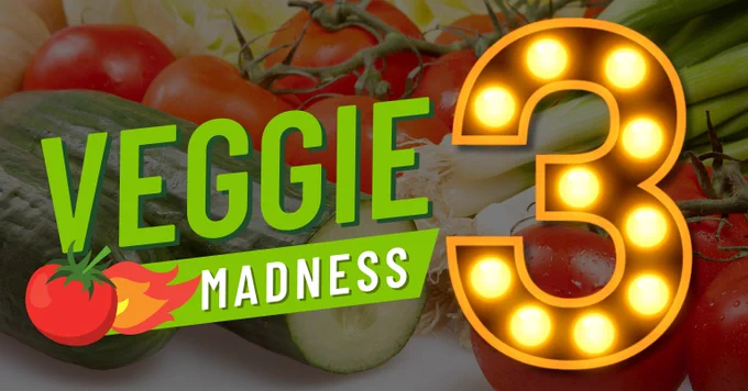 Text says, "Veggie Madness 3" with a picture of vegetables