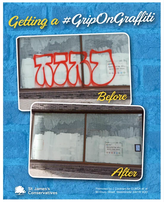 A poster showing the before and after shots of a shopfront with removed graffiti. The text reads: Getting a grip on #graffiti