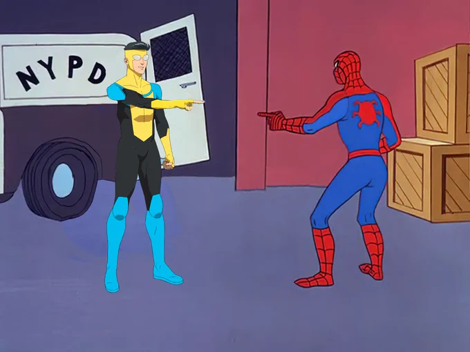 The Spider-Man pointing at Spider-Man meme, but Invincible is pointing at Spider-Man
