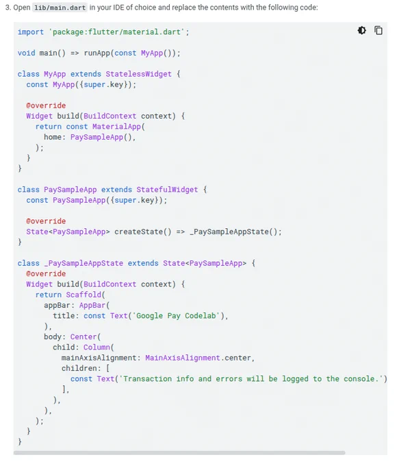Code sample showing part of how to integrate the Google Pay API for Flutter.