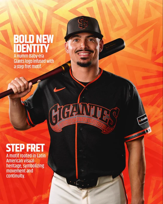 Graphic featuring Willy Adames in the new Gigantes uniform. Text reads: "Bold new identity, a Humm Baby-era Giants logo infused with a step fret motif. Step Fret, a motif rooted in Latin American visual heritage, symbolizing movement and continuity.
