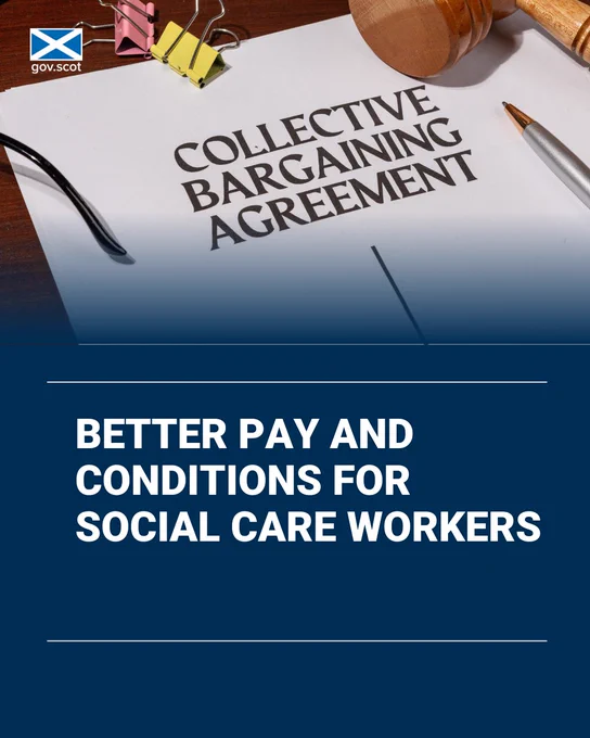Close-up of a collective bargaining agreement document with a gavel and pen on a wooden desk, symbolising legal negotiations. Underneath read the words "Better pay and conditions for social care workers".
