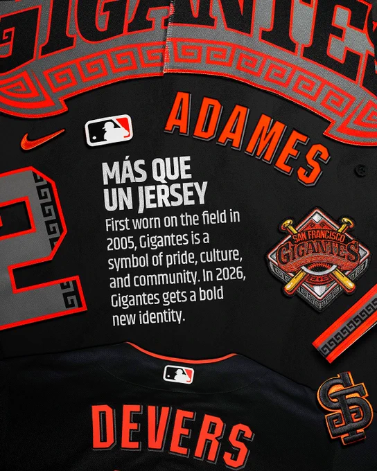 Graphic featuring elements of the new Gigantes uniform. Text reads: "Más Que Un Jersey: First worn on the field in 2005, Gigantes is a symbol of pride, culture, and community. In 2026, Gigantes gets a bold new identity."