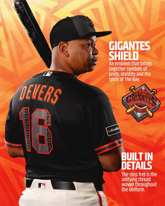 Graphic featuring Rafael Devers wearing the new Gigantes uniform. He faces away from the camera with his name and number visible in back. Text reads "Gigantes Shield: An emblem that brings together symbols of pride, identity, and the spirit of The Bay. Build in Details: The step fret is the unifying thread woven throughout the uniform."