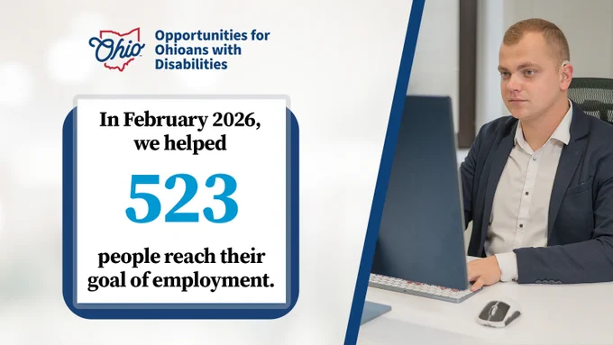 A man sits at a desk, typing at a computer. Text, "In February 2026, we helped 523 people reach their goal of employment." OOD logo.