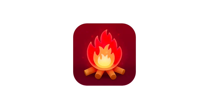 A vibrant campfire with bright flames and logs sits against a deep red background, symbolizing warmth and radiance.