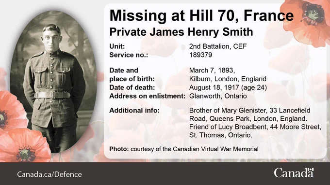Missing at Hill 70, France. Photo of Private James Henry Smith. Unit: 2nd Battalion, CEF. Service no.: 189379. Date and place of birth: March 7, 1893, Kilburn, London, England. Date of death: August 18, 1917 (age 24). Address on enlistment: Glanworth, Ontario. Additional info: Brother of Mary Glenister, 33 Lancefield Road, Queens Park, London, England. Friend of Lucy Broadbent, 44 Moore Street, St. Thomas, Ontario. Photo courtesy of the Canadian Virtual War Memorial.