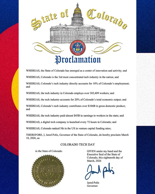 Official proclamation from the State of Colorado declaring March 18, 2026, as Colorado Tech Day with state seal and governor's signature.