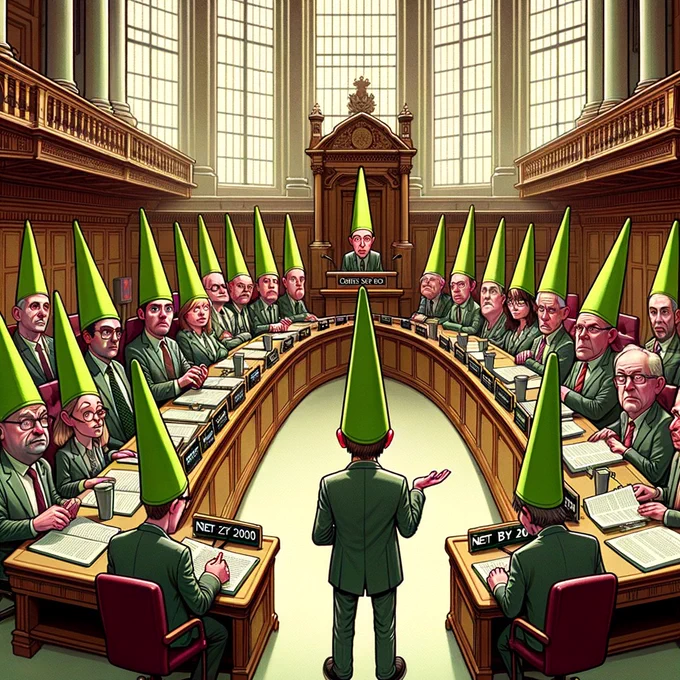 Cartoon of Bristol City Council committee meeting with councillors wearing green dunce's hats, illustrating Bristol's failed European Green Capital Award bid and Green Party governance record - https://bit.ly/40E8im6