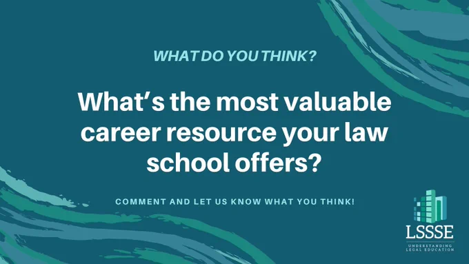 A teal and dark green graphic with abstract brushstroke patterns in the corners. The center text reads: “What do you think? What’s the most valuable career resource your law school offers?” Below, smaller text says: “Comment and let us know what you think!” In the bottom right corner is the LSSSE logo with the tagline “Understanding Legal Education.”