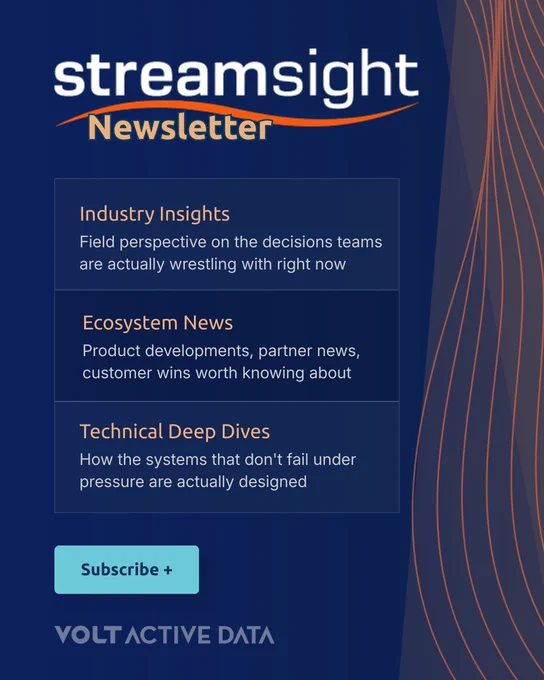 StreamSight newsletter graphic highlighting industry insights, ecosystem news, and technical deep dives, with a subscribe call-to-action from Volt Active Data.