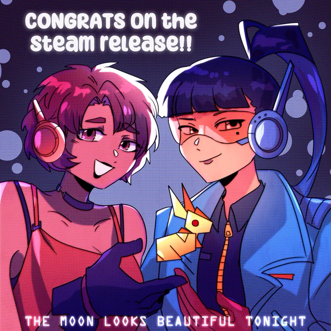 Fanart celebrating the Steam release of "The Moon Looks Beautiful Tonight: Definitive Edition" by Team Cetacity.