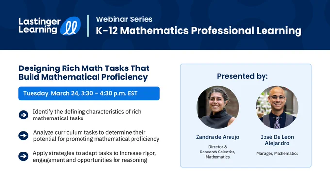 Graphic promoting a math webinar titled Designing Rich Math Tasks that Build Mathematical Proficiency. 