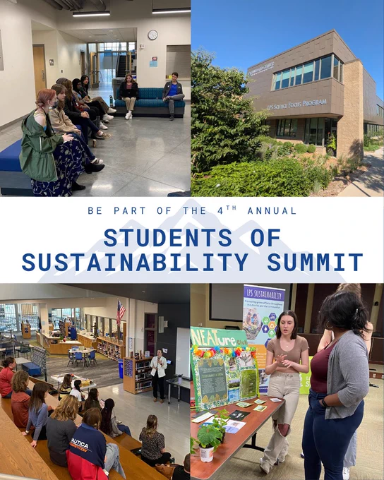Collage of images from a Students of Sustainability Summit, including people in an indoor venue, exterior of a building, and attendees at event tables. Text over a transparent mountain element reads: "Be part of the 4th annual Students of Sustainability Summit".