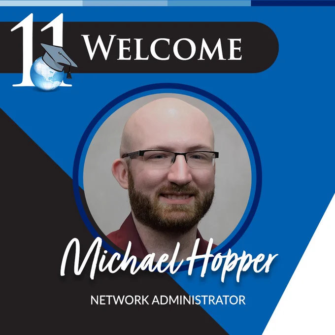 Welcome graphic for Michael Hopper, Network Administrator. A professional headshot is centered on a blue background with white and black triangles to the sides. 