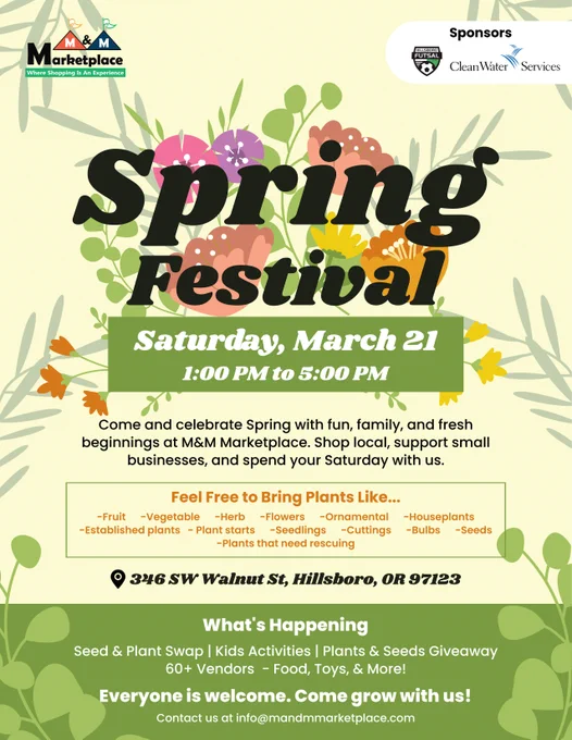 A green flyer titled Spring Festival hosted by M&M Marketplace. 