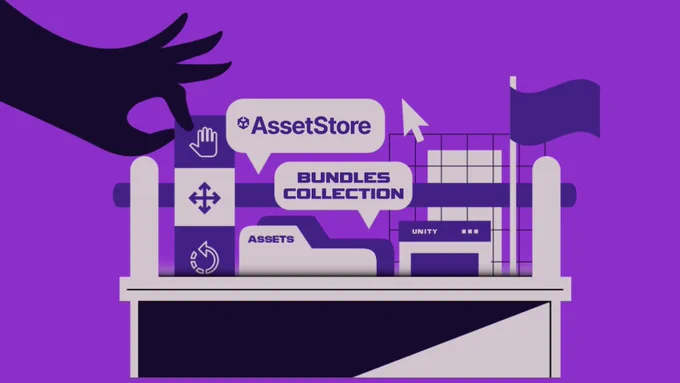 A graphic with a purple background displaying a stylized countertop, with folders, windows, a flag, and Unity gizmos as items on it. Two balloons say AssetStore and Bundles Collection. A black silhouette of a hand is reaching out to one of the gizmos.