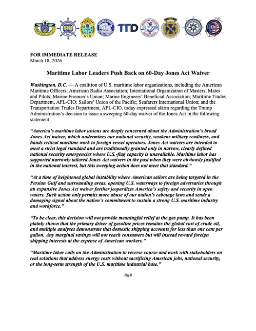 Press release dated March 18, 2026, titled 'Maritime Labor Leaders Push Back on 60-Day Jones Act Waiver,' featuring logos of nine maritime labor unions including MEBA. The statement expresses alarm over the Trump Administration's decision to issue a sweeping 60-day Jones Act waiver, arguing it undermines national security, weakens military readiness, and will not lower gas prices.