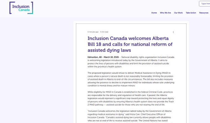 Image of the Inclusion Canada's web page showing the media release with the title "Inclusion Canada welcomes Alberta Bill 18 and calls for national reform of assisted dying laws"