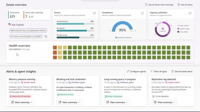 Screenshot of a database estate overview dashboard showing security, compliance, and capacity utilization metrics, health status indicators, and recent system alerts with warnings and active issues.