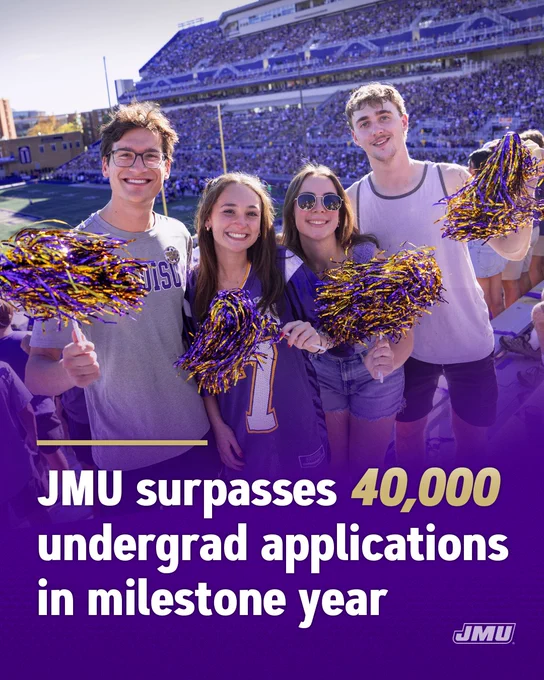 Infographic that reads 'JMU surpasses 40,000 undergrad applications in milestone year JMU' The text overlays a photo of JMU students at a football game in Bridgeforth Stadium.