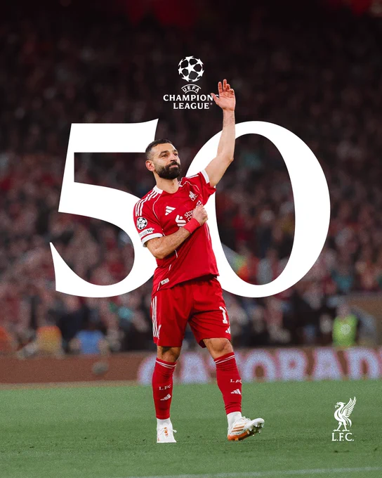 Graphic celebrating 50 UCL goals for Salah.