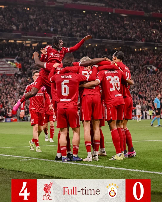 Full-time: Liverpool 4-0 Galatasaray (aggregate score 4-1).