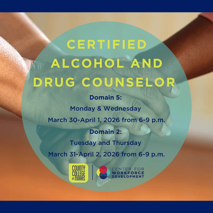 Two hands clasped together behind a circular overlay announcing Certified Alcohol and Drug Counselor classes with dates and times in March-April 2026. Domain 5 will be held March 30-April 1 from 6-9pm. Domain 2 will be held March 31-April 2 from 6-9pm.