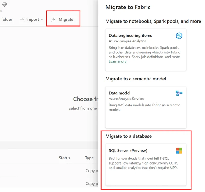 Screenshot of a migration interface highlighting the Migrate button and a panel showing options to migrate to Fabric, including data engineering items, semantic models, and a SQL Server (Preview) database option.