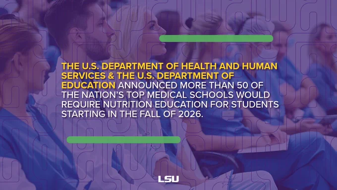 A group of people in professional attire are seated in a lecture hall, taking notes. Text on the image states that the U.S. Department of Health and Human Services and the U.S. Department of Education announced that over 50 top medical schools will require nutrition education for students starting in the fall of 2026. The LSU logo is at the bottom.