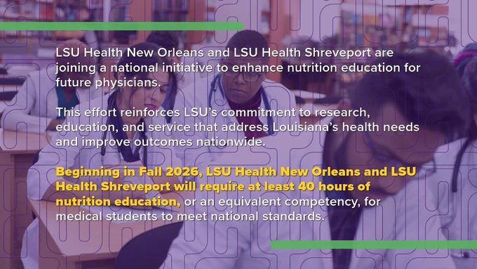 The image contains text about a national initiative by LSU Health New Orleans and LSU Health Shreveport to improve nutrition education for future physicians, starting in Fall 2026. It states that at least 40 hours of nutrition education will be required. In the background, medical students are seen in a study environment.