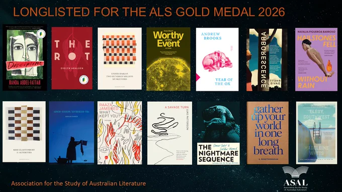 A collection of pictures of the longlisted books front covers in two rows on a starry background, with the heading 'Longlisted for the ALS Gold Medal' and the ASAL logo in the bottom left corner.  