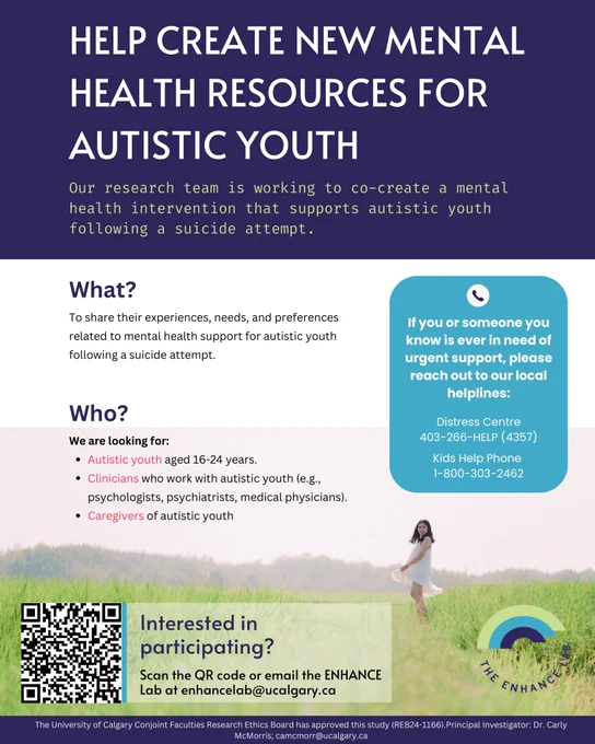 A research flyer that seeks input from Autistic youth ages 16-24, caregivers, and clinicians to help co-create mental health supports for Autistic youth who have experienced suicidality. Those interested in participating can scan the QR code in the bottom left corner, or email enhancelab@ucalgary.ca. Text reads, Help create new mental health resources for Autistic youth. Our research team is working to co-create a mental health intervention that supports autistic youth following a suicide attempt. What? To share their experiences, needs, and preferences related to mental health support for autistic youth following a suicide attempt. Who? We are looking for: Autistic youth aged 16-24 years. Clinicians who work with autistic youth (e.g., psychologists, psychiatrists, medical physicians), Caregivers of Autistic youth. If you or someone you know is ever in need of urgent support, please reach out to our local helplines: Distress Centre 403-266-HELP (4357), Kids Help Phone 1-800-303-2462