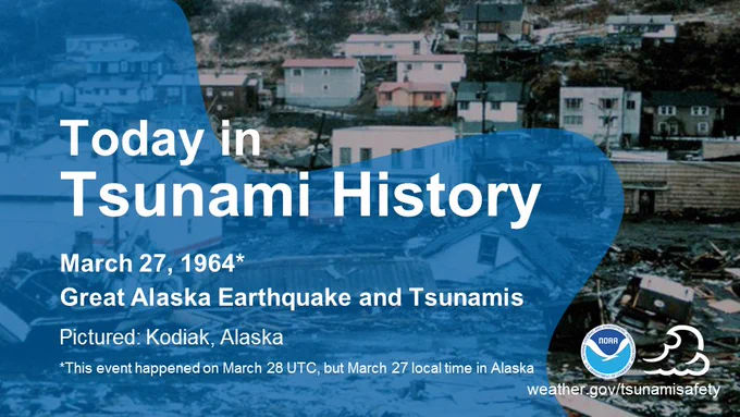 Today in Tsunami History (March 27, 1964): Great Alaska Earthquake and Tsunamis. A historic image of the devastation in Kodiak, Alaska, caused by the March 27th, 1964 earthquake and tsunami. Information is overlaid on the image about this day in history.