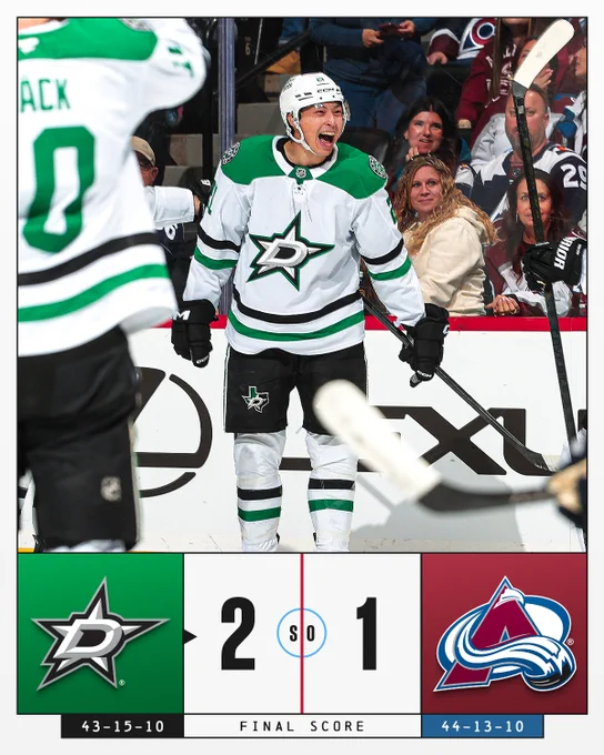 Final Score: Stars defeat Avalanche 2-1 in the shootout
