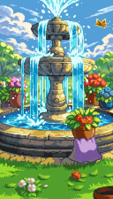 Pixel art of Ditto positioning flower jars around the edges of a water fountain, with lots of vegetations, flowers and leaves around and on the background.
A Ho-Oh can be seen shining on the sky.
