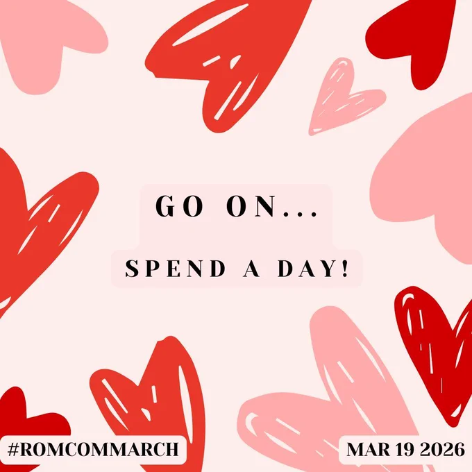 "Go on… Spend a day!" in black uppercase letters. The background is pale pink with red and pink scribbled hearts.