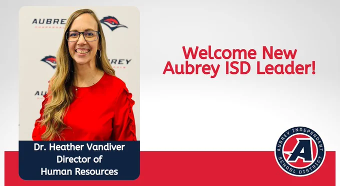 Aubrey ISD logo on graphic with photo of new district leader