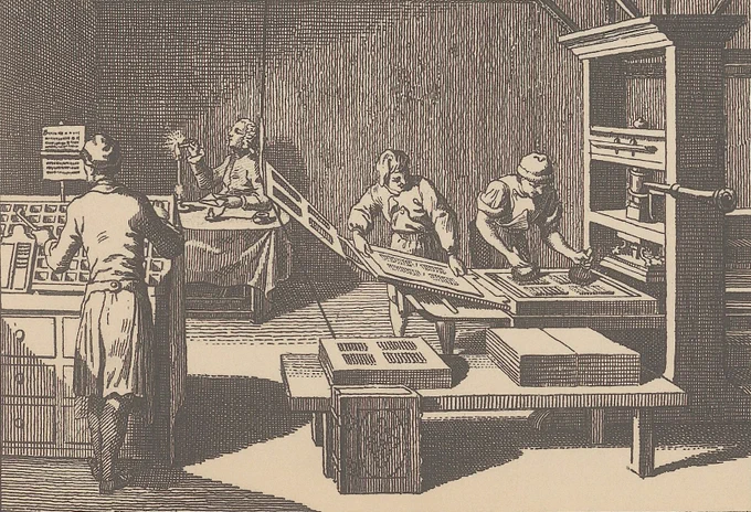 Engraving of a colonial-era printing press and workers.