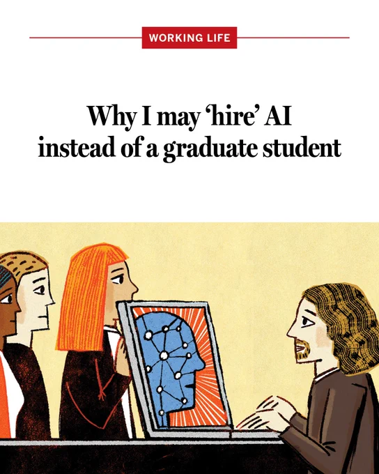 An illustration of a person sitting at a desk looking at a face on a laptop screen and a couple people. Hedline is, "Why I may ‘hire’ AI instead of a graduate student."
