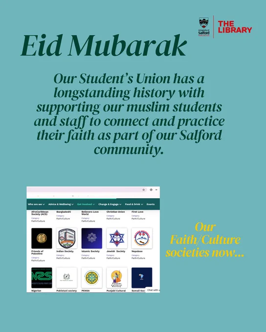 Graphic with the following text - Eid Mubarak - Our Students' Union has a longstanding history with supporting our muslim students and staff to connect and practice their faith as part of our Salford community