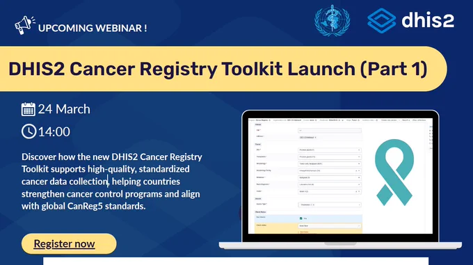 Population-based cancer registries (PBCRs) collect data on all new cancer cases to produce key indicators about cancer burden. High-quality PBCR data is essential to guide decision-making in cancer control, helping countries know where to invest and monitor the impact of their cancer programs. In the past years, several countries have explored sourcing PBCR data directly from DHIS2, independently reproducing complex DHIS2 data validations based on CanReg5 software (a global public good for PBCR systems offered by the International Agency for Research on Cancer).

In the DHIS2 Cancer Registry Toolkit Launch Webinar (Part 1), we will first introduce the use case for cancer registry data in DHIS2, and then present a generic DHIS2 Tracker program for cancer registries aligned with the CanReg5 data model. The overall goal is to offer a scalable, modular, and standardized DHIS2 Tracker program that health authorities can adapt and deploy for sub-national cancer registration, to complement or
