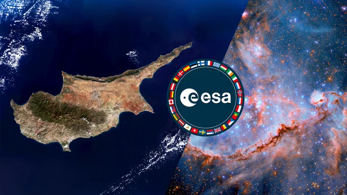Cyprus seen from space, next to the new ESA logo.