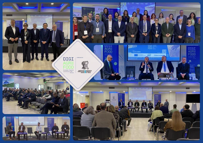 🌱 Ολοκλήρωση Εκδήλωσης #DigiAgriFood στην Agrotica 2026

Με μεγάλη συμμετοχή πραγματοποιήθηκε η εκδήλωση του DigiAgriFood EDIH με τίτλο  «Ψηφιακή και Πράσινη Μετάβαση στην Αγροδιατροφή: Το Αποτύπωμα του Ευρωπαϊκού Κόμβου DigiAgriFood», στο πλαίσιο της Agrotica στη Θεσσαλονίκη.



Η εκδήλωση ξεκίνησε με την τοποθέτηση της Συντονίστριας του Κόμβου και μέλους του Συμβουλίου Διοίκησης, Καθηγήτριας κας Μαρίας Μιχαλοπούλου, η οποία παρουσίασε το έργο και το όραμα εξέλιξης του Κόμβου, DigiAgriFood.



Στη συνέχεια, μέσα από θεματικά πάνελ, αναδείχθηκε ο ρόλος του κόμβου στη σύνδεση της έρευνας και της καινοτομίας με την παραγωγή, ενώ οφελούμενοι μοιράστηκαν την εμπειρία τους από τη χρήση των υπηρεσιών του.



🔎 Διαβάστε περισσότερα: https://shorturl.at/TCfYe

______________________________________________



🌱 #DigiAgriFood Event at Agrotica 2026 Successfully Completed

The DigiAgriFood EDIH event titled  “Digital and Green Transition in Agri-Food: The Impact of the European DigiAgriFood H